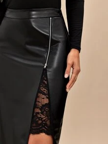 Amorya Zip Up Contrast Lace PU Leather Skirt - Black - View 3