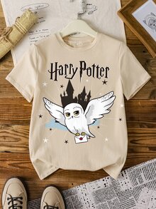 HARRY POTTER X SHEIN 青少年男孩萬聖節卡通貓頭鷹字母圖案短袖T恤 - 卡其色 - 查看 1