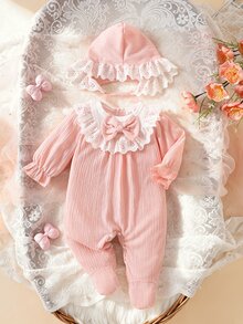 SHEIN 2pcs Newborn Baby Girl Footed Jumpsuit Sweet Pink Bow Eyelet Lace Ruffle Hat Long Sleeve Round Neck Regular Birthday Autumn Ballet First Birthday - Pink - View 2