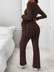 SHEIN 孕婦純色側結長袖上衣與可調腰圍長褲休閒兩件套 - 咖啡棕 - 查看 2