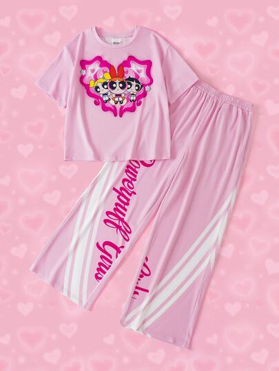 THE POWERPUFF GIRLS X SHEIN Tween Girl Cartoon Print Round Neck T-Shirt And Loose Pants Set