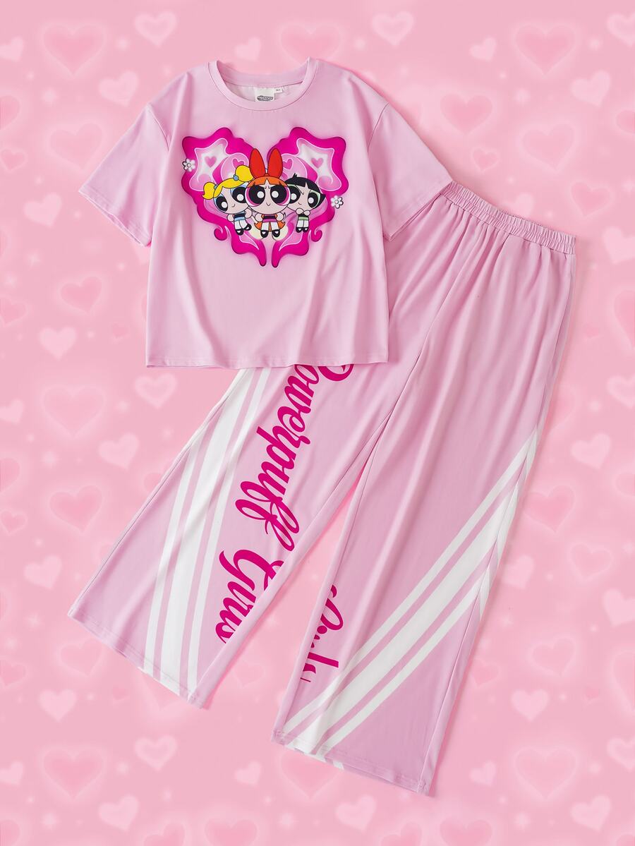 THE POWERPUFF GIRLS X SHEIN Tween Girl Cartoon Print Round Neck T-Shirt And Loose Pants Set - Pink - View 1