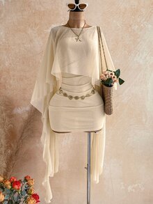 Soleia 女款純色不對稱下擺上衣與單肩抓褶洋裝時尚兩件套 - 金色 - 查看 6