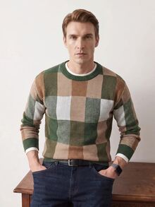 Manfinity CityGents Men Plaid Pattern Round Neck Sweater - Army Green - View 4