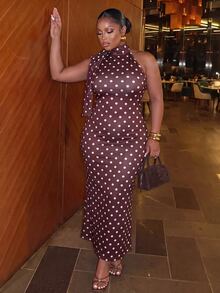 Slaydiva Plus Polka Dot Print Tie Neck Halter Dress - Brown - View 4