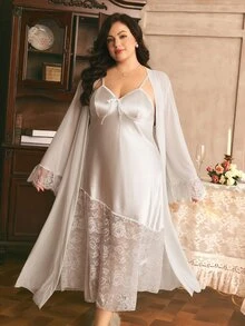 Côtesoire Plus Contrast Lace Flounce Sleeve Knot Front Robe & Cami Sleep Dress PJ Set - White - View 3