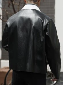 Manfinity CasualCool Jaket Kulit PU Pria dengan Kerah Kontras - Hitam - View 2