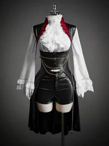 SHEIN ICON Y2K女款萬聖節Cosplay黑色哥德風束腰派對裝，對比色立領長下擺 - 黑色 - 查看 9
