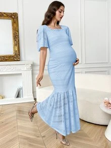 SHEIN فستان أنيق للحوامل بياقة مربعة وأكمام قصيرة وذيل سمكة - أزرق فاتح اللون - مشاهدة 7