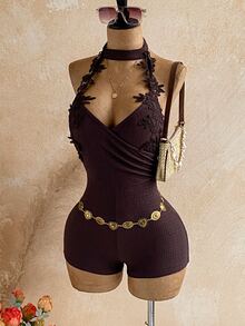 Soleia Women's Solid Color Casual Daily Halter Neck Romper - Brown - View 8