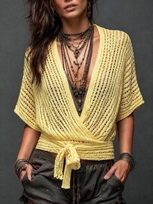Balvessa Batwing Sleeve Wrap Knot Side Lightweight Cardigan Vacation Pale Yellow Summer Tropical European - Yellow - View 6