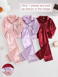 SHEIN 女童愛心印花對比滾邊緞面睡衣套裝 - 彩色 - 查看 1