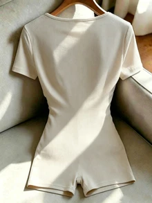 SHEIN Unity 對比色蕾絲抓皺連身緊身衣連身褲 - 米色 - 查看 2