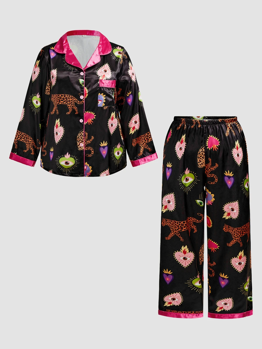 Chillnights Plus Size Women Leopard Print Long Sleeve Single-Breasted Top And Pants Pajama Set - Black - View 1