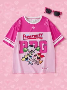 THE POWERPUFF GIRLS X SHEIN تي شيرت قصير الأكمام بطبعة كرتونية وحروف كاجوال يومي للفتيات المراهقات - وردي - مشاهدة 1