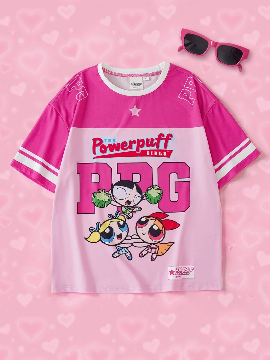 THE POWERPUFF GIRLS X SHEIN تي شيرت قصير الأكمام بطبعة كرتونية وحروف كاجوال يومي للفتيات المراهقات - وردي - مشاهدة 1