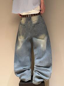 STEELVANCE Men Letter Graphic Ripped Wide Leg Jeans Without Belt - Blue - View 6