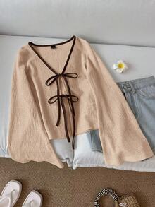 SHEIN LUNE 前綁帶喇叭袖對比滾邊上衣 - 卡其色 - 查看 1