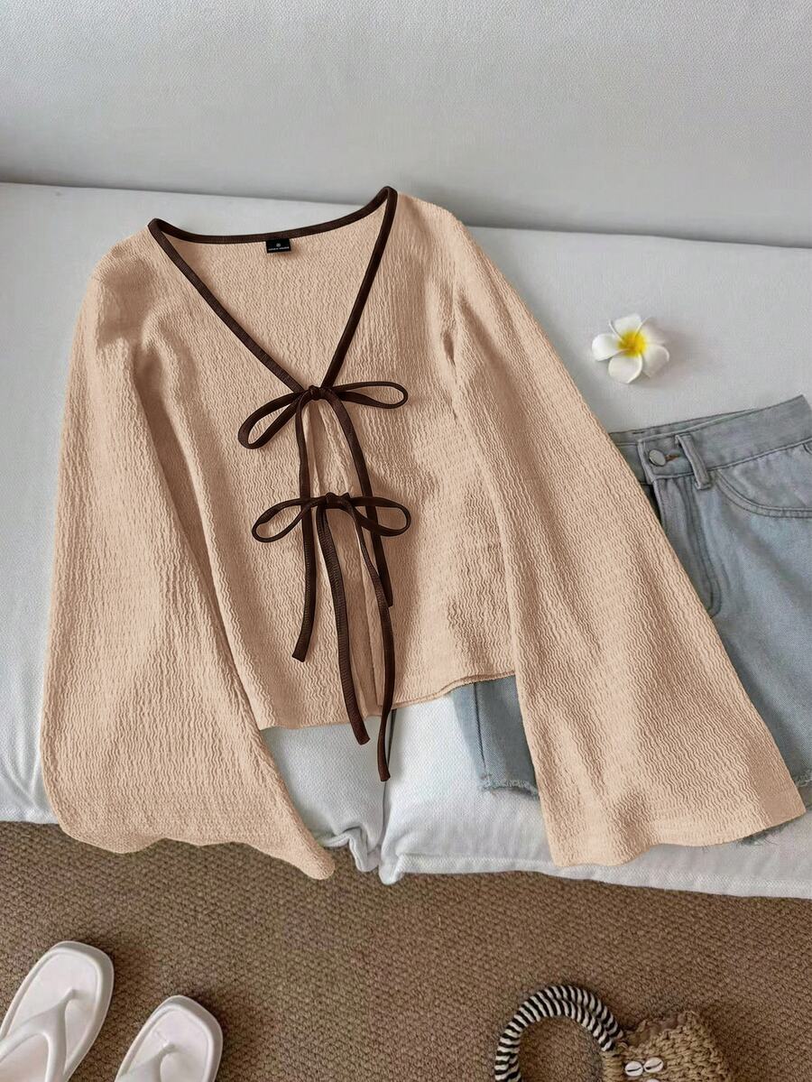 SHEIN LUNE 前綁帶喇叭袖對比滾邊上衣 - 卡其色 - 查看 1