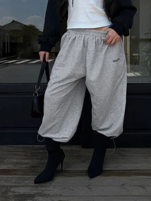 DAZY Letter Graphic Drawstring Hem Sweatpants Summer Gym Black Casual Athleisure - Grey - View 7