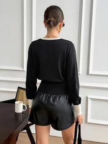 Serisse Black And White Trim Bow Front Sweater Brunch Autumn French Elegant,Fall/Winter Elegant Formal Luxury Business Chic Basic Christmas - Multicolor - View 2