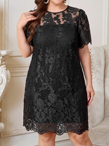 Reflora Vestido de malla sólida con bordado floral talla grande - Negro - Ver 3