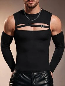 ZURIURI Men's Fashion Casual T-Shirt With Sleeve Covers - Black - View 5