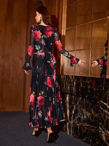 MOTF PREMIUM WOMEN'S AUTUMN ELASTIC MESH PRINTED STRUCTURAL DESIGN A-LINE LONG DRESS - Multicolor - View 3