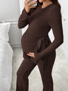 SHEIN 孕婦純色側結長袖上衣與可調腰圍長褲休閒兩件套 - 咖啡棕 - 查看 4