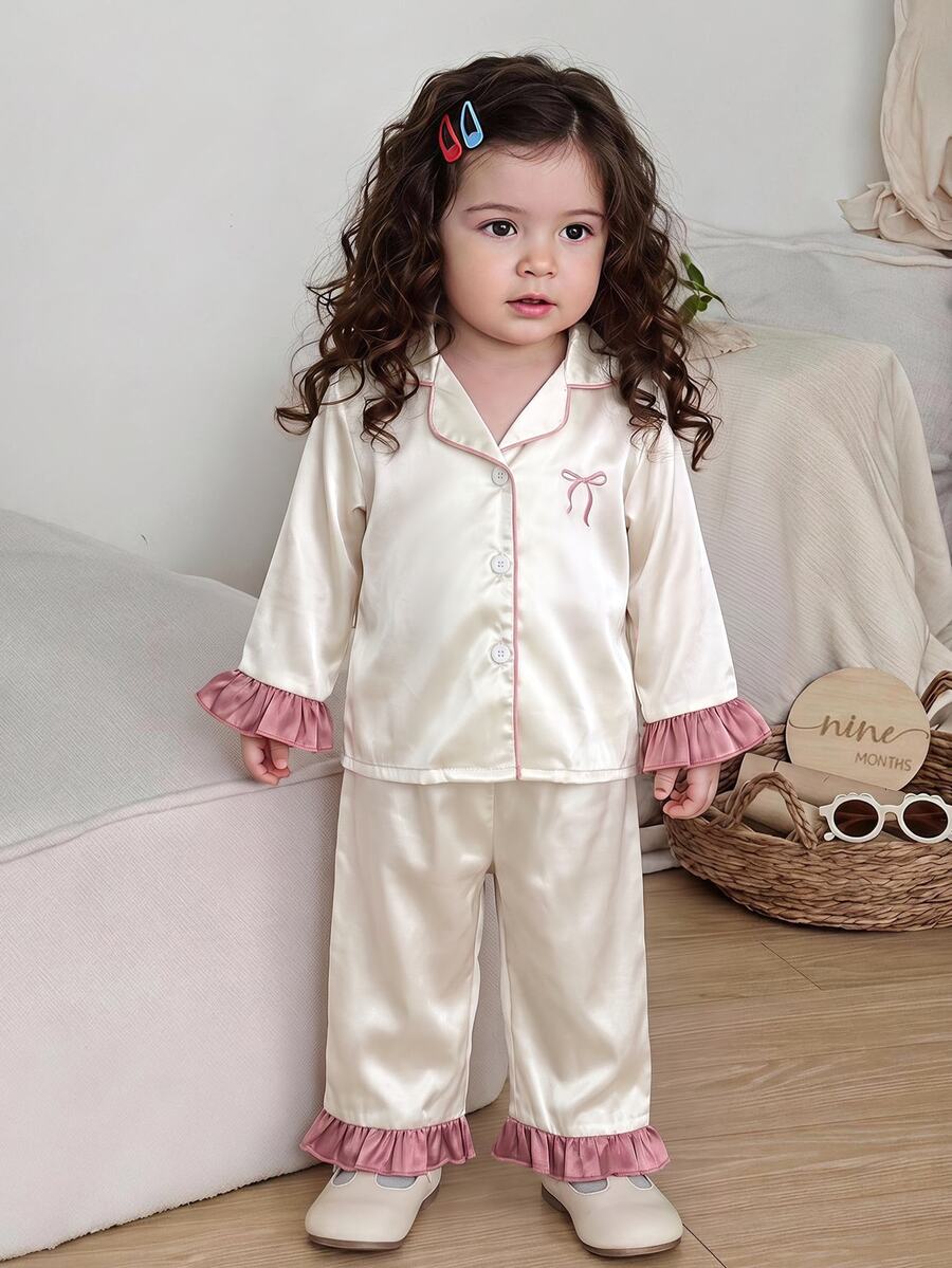SHEIN Baby Girl Bow Front Contrast Binding Ruffle Trim Pajamas Set - Beige - View 1