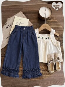 SHEIN Jeans de pierna ancha con volantes para niñas - Azul lavado oscuro - Ver 6