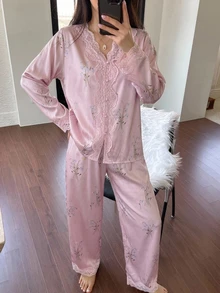 DAZY Floral Print Contrast Lace PJ Set - Dusty Purple - View 5