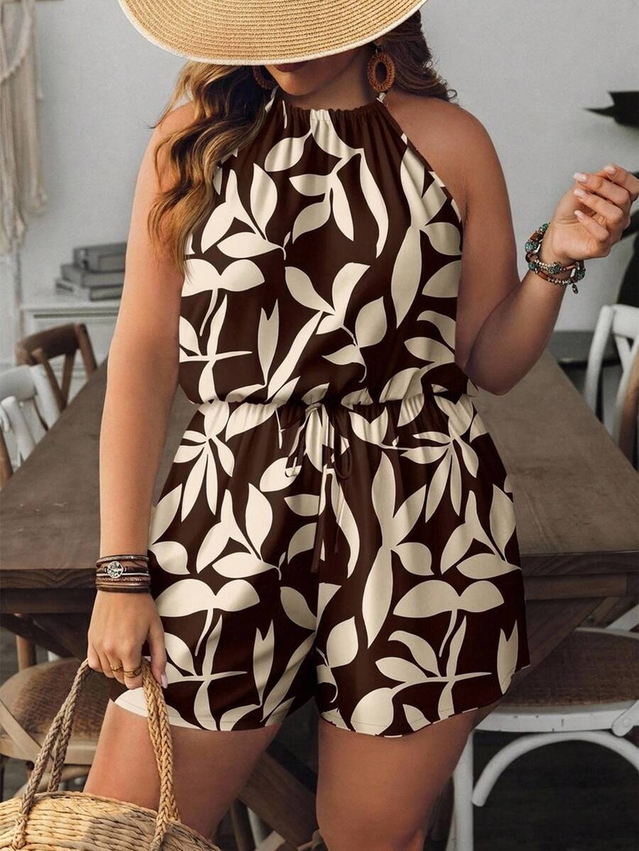 SHEIN VCAY Plus Plants Print Halter Neck Romper - Brown - View 1