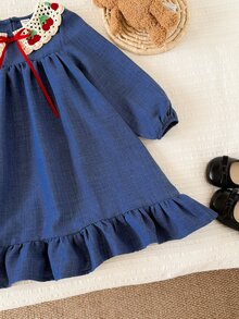 SHEIN 女童 1件裝 花卉刺繡蝴蝶結前襟荷葉邊下擺罩衫洋裝 - 藍色 - 查看 3
