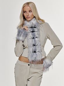 MUSERA Faux Fur Trimmed Pu Buckle Front Fitted Jacket Sexy Evening Festival Holiday Unscripted - Khaki - View 2