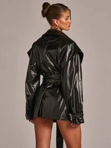 SHEIN BAE Lapel Neck Belted PU Leather Trench Coat Halloween Night Party Black Autumn Kidcore Rave - Black - View 6