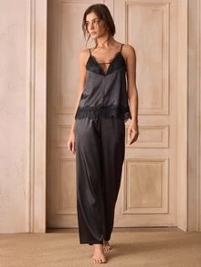 Charlaine Lace Trim Satin Cami Top & Pants PJ Set - Black - View 4