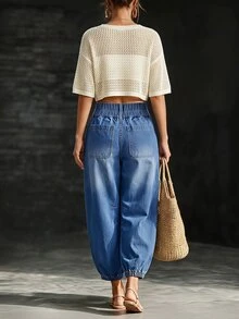 LUMIGAL High Waist Slant Pocket Jogger Jeans - Blue - View 2