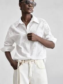 Ontre Floral Embroidery Button Front Shirt - White - View 6