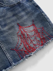 ROMWE Grunge Punk 大尺碼刺繡蜘蛛網圖案原邊牛仔裙 - 藍色 - 查看 4