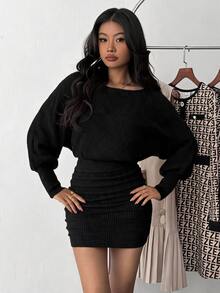 SHEIN 青少年女孩蝙蝠袖側褶皺洋裝 - 黑色 - 查看 1
