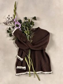 Muvela Contrast Trim Drop Shoulder Sweater Brunch Daily Brown And Cream Autumn Minimalist Casual - Brown - View 8