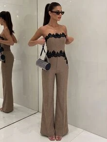 Firerie 女款新款花卉灰色蕾絲拼接抹胸上衣與中腰長褲套裝，長褲套裝，蕾絲拼接抹胸上衣套裝 - 棕色 - 查看 3