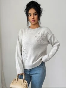 SHEIN Floral Pattern Drop Shoulder Sweater - Apricot - View 6