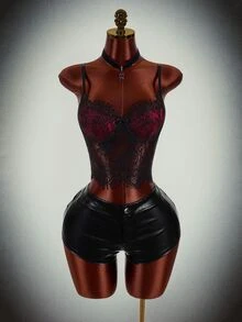 Amplova Halloween Color-Block Lace Top With Sheer Effect, Extremely Sexy, Suitable For Nightclub Parties And Gatherings. - Black - View 11