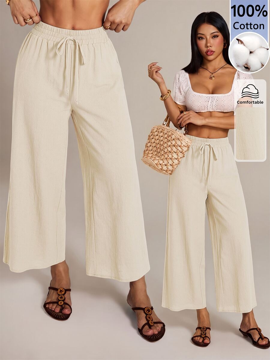 SHEIN PETITE 女士長褲 - 米色 - 查看 1