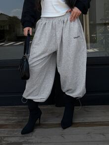 DAZY Letter Graphic Drawstring Hem Sweatpants Summer Gym Black Casual Athleisure - Grey - View 1
