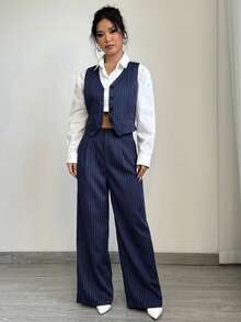 Elenzga Striped Print Waistcoat & Wide Leg Pants - Blue - View 4