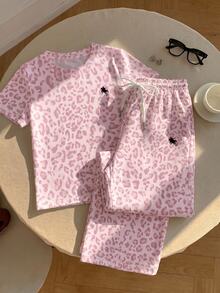 SHEIN EZwear 2件組刺繡圓領短袖上衣與條紋印花長褲，休閒風 - 淺粉色 - 查看 4