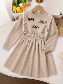 Souflis Đầm len cho bé gái họa tiết nơ viền bèo nhún - Màu Khaki - Xem 5